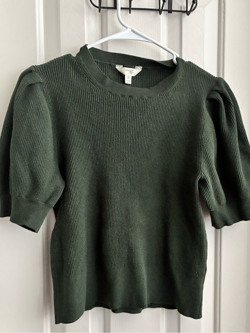 Rib Knit Short Sleeve Sweater in Olive Green